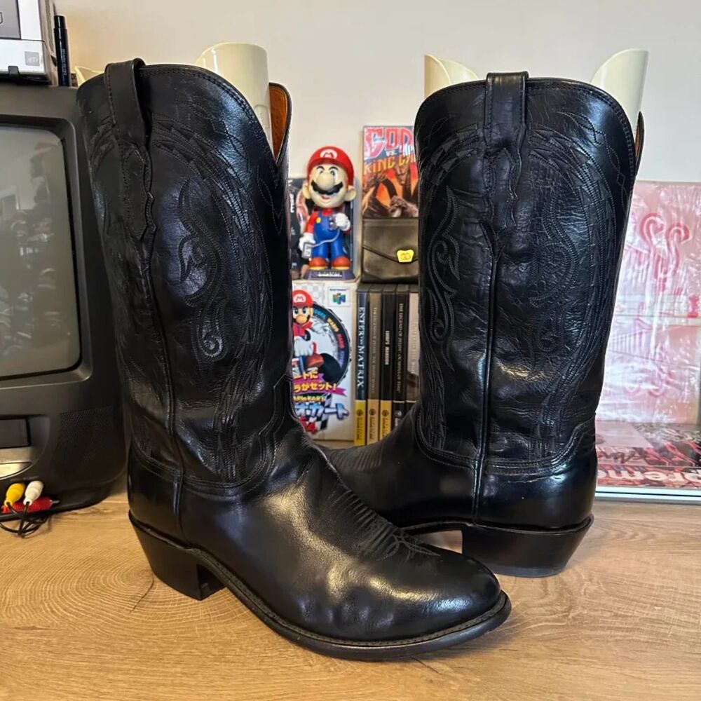 Vintagen Lucchese Black Buffalo Leather Western Cowboy Boots Size 9 2E N1617R
